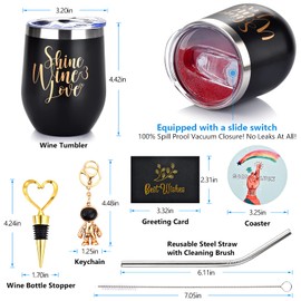 ONMIER Women Men Gifts - Birthday Valentines Day Christmas Holiday for Ladies, Coworkers and Friends - 12 oz Wine Tumbler Cup Set, Thank You Anniversary Appreciation Farewell Present (Black 02)