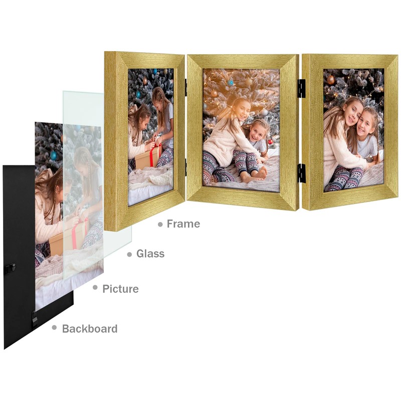 Frametory 5x7 Triple Picture Frames, Trifold Photos Frame Collage, Hinged
