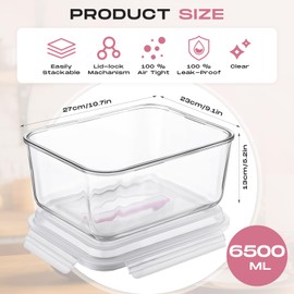 Blushtier 2 Pcs 6500 ML/ 220 oz/ 28 Cup Large Glass Food Storage Containers with Airtight Locking Lid Ideal Storing Food Vegetables Fruits Baking Casserole Lasagna Roasting Turkey, Transparent