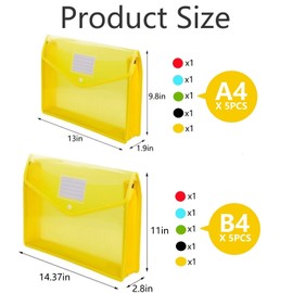 10 Pack Plastic Expanding File Folder, Waterproof Transparent Envelopes Folders with Label Pocket & Snap Closure, No Dividers, Large Capacity, 5 Assorted Colors, Fit Letter - A4 & B4 Size