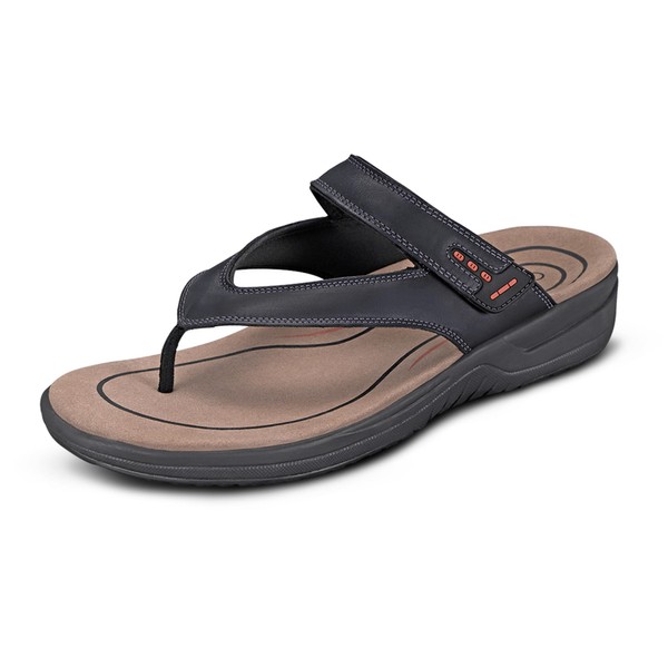 Orthofeet Men's Orthopedic Black Leather Eldorado Flip-Flop Sandals, Size 10.5