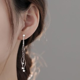 925 Sterling Silver Star Earrings Long Tassel Chain Earrings for Women Lightweight Star Curved Line Wave Dangle Drop Earrings Hypoallergenic Star Jewelry for Gifts (with Gift Box)