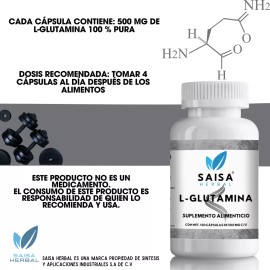 Saisa Herbal L-glutamina 100% Puro 120 Cápsulas Calidad Premium 500 Mg. Sabor Sin sabor