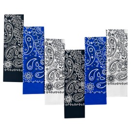 6-Pack Large Cotton Bandanas for Men and Women - Paisley, 22x22 In, Black White Blue - Cowboy Head Bandanna Scarf Handkerchief