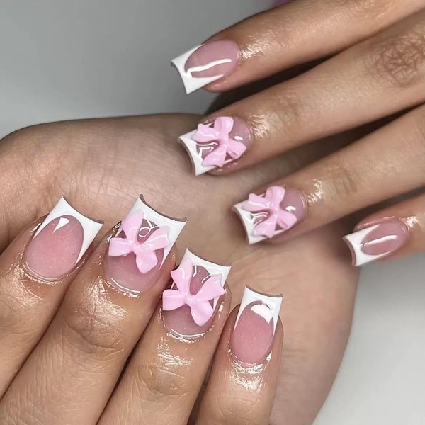 White French Tip Press on Nails Short Square Fake Nails