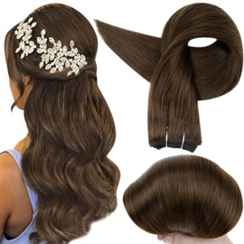 Full Shine Hair Weft Real Remy Human Hair 20 Inch Sew in Hair Extensions Color 4 Medium Brown Double Weft Hair Extensions 100 Gram Per Package Full Head Hair Weft Bundles