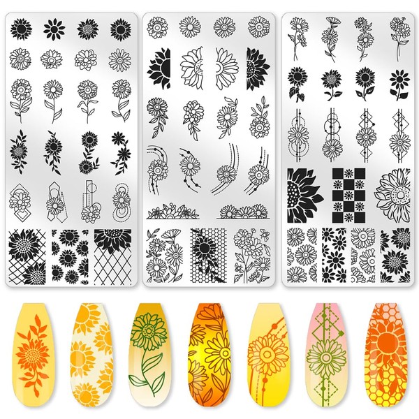 beinkmake 3Pcs Nail Stamping Plate Set Sunflower Nail Stamping Templates