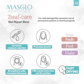 MASGLO ADVANCED BASE Total Care es una base recuperadora de uñas especialmente formulada para tratar las uñas dañadas por el uso excesivo de productos