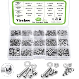 Vlookee 540PCS Machine Screws Assortment Kit #2-56#4-40#6-32 Phillips Pan Head Assorted Nuts Bolts and Flat Washers Kit,Stainless Steel Bolts and Nuts Kit,with Storage Box,for Home Projects