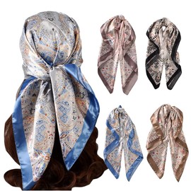 upeilxd 4Pcs Silk Head Scarves for Women Satin Hair Scarf 35”Large Square Bandana Silk Like Neck Scarf Shawl Sleeping Headscarf(Blue/Black/Purple/Khaki)