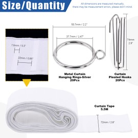 Glarks 41Pcs Curtain Pleat Tape Set Including 5.5M 6 Yards White Pleater Tape with 30 Pcs Stainless Steel 4 Prongs Curtain Pleater Hooks and 20Pcs Drapery Curtain Rings for DIY Pinch Pleat Curtain