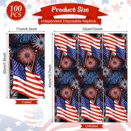 Whaline 100Pcs Patriotic Guest Napkins Fireworks American Flag Disposable Napkins 4th of July Dinner Hand Napkin Towel for Independence Day Memorial Day Party Supplies