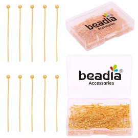 BEADIA Alfileres de cabeza de bola chapados en oro de 18 quilates, 30 mm, 200 unidades para hacer joyas