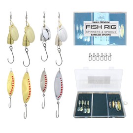 Fish Rig Small Premium Spinners and Spoons - 8pcs Barbless Fishing Lures Set – High Carbon Steel Sharp Curved Singles -Quick Hook Change-Snaps-Lure/, tackle Box, with foam inserts to secure hooks.