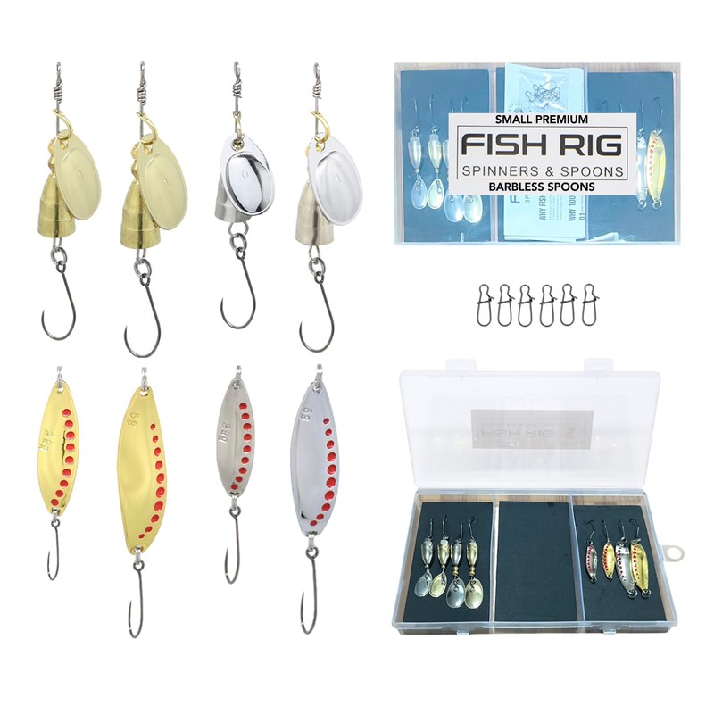 Fish Rig Small Premium Spinners and Spoons - 8pcs Barbless