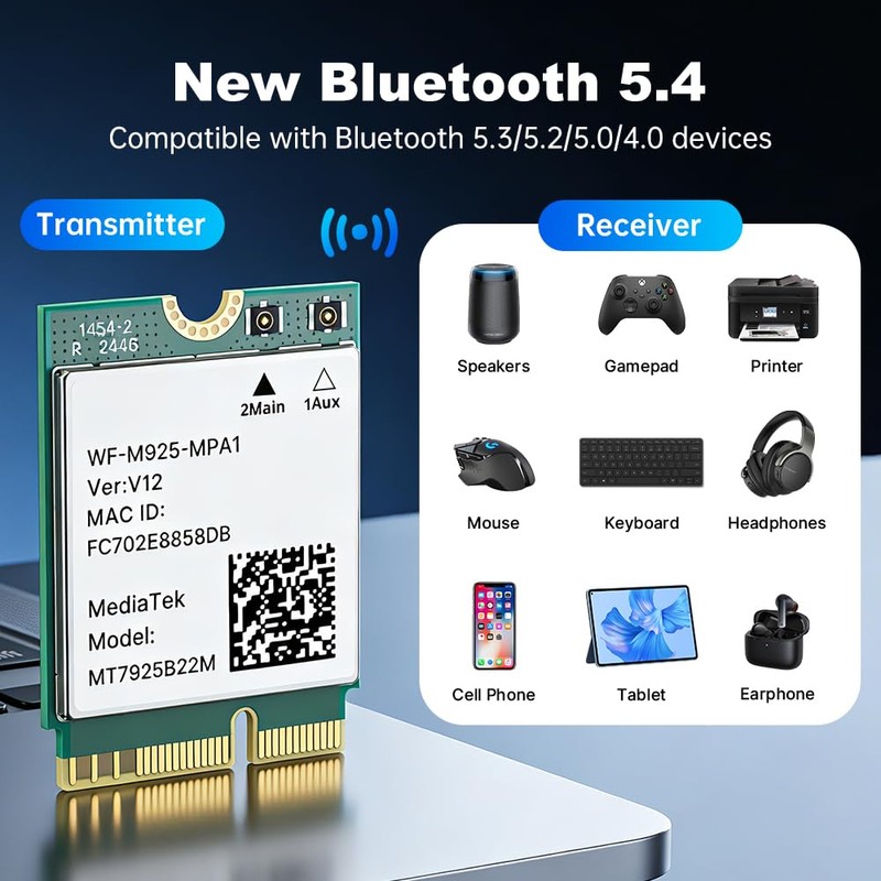WiFi 7 Card 6.5Gbps MT7925 for Gaming 4K Streaming M.2