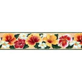 CONCORD WALLCOVERINGS ™ Wallpaper Border Floral Pattern Hibiscus Flowers Leaves for Cottage Farmhouse Kitchen Dining Room, Yellow Green Red, 15 ft by 5 in DB3857B