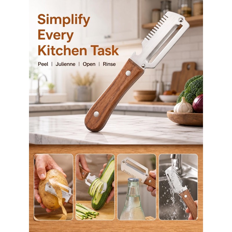 3-in-1 Multifunctional Vegetable Peeler, Curved Stainless Steel Blade Wooden Handle