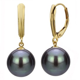 14K Yellow Gold Leverback Freshwater Cultured Black Pearl Dangle Earrings for Women 9-9.5mm