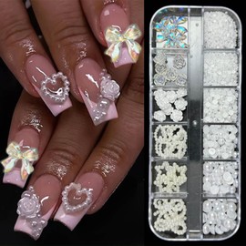 3D Nail Charms and Flat Back Pearls Set, Aurora Bow Bows Nail Art Charms Star Heart Bowknot Flower Pearls Nail Supplies Design Cute Valentines Nail Decoration for Manicure DIY Crafts Jewel Accessories