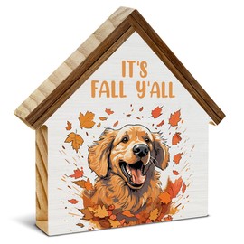 Fall Dog Decorations, Golden Dog Maple Leaves House Shaped Wood Block Sign, Fall Decor Indoor, Autumn Farmhouse Home Decor for Desk Table Shelf