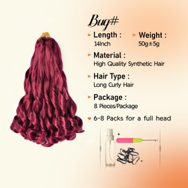 Burgundy French Curl Braiding Hair for Black Women 14 Inch Curly Braiding Hair Pre Stretched for Box Braids 50g/Pack Soft and Bouncy 8 Packs Loose Wave Hair Extensions(14 Inch, 8Pack, Burgundy)