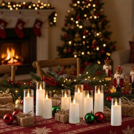 Amagic Pure White Flameless Candles, Battery Operated Candles, Acrylic Flickering LED Pillar Candles with Remote Control and Timer, 3D Wick, Yellow and Blue Glow, D2.2 xH5 6" 7", Set of 9