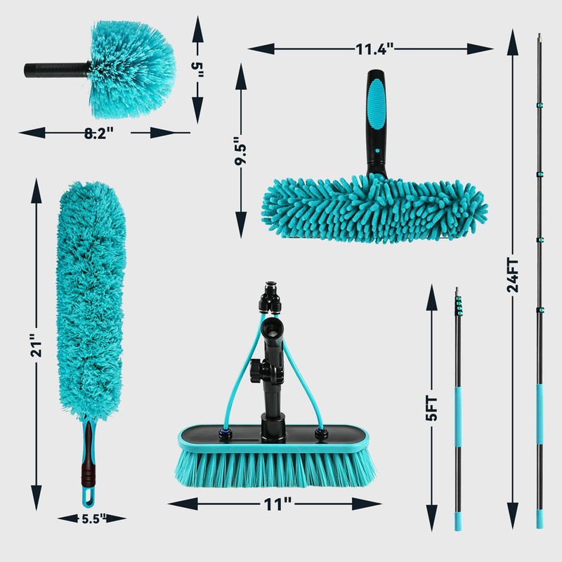 Adjustable 24FT Water Fed Pole Cleaning Kit with 4 Brush