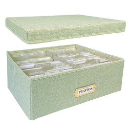 Sprsthai Linen Photo Storage Box, Large Capacity Organizer Box, Storage Holds 1700 Picture, with 24 Adjustable Dividers, 72 Labels, Fabric Picture Box for Photos, Envelopes, Recipes Green