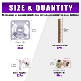 Swpeet 8 Sets Leg Mounting Plates with Hanger Bolts Screws, Furniture Leg Attachment Plates Industrial Strength T-Plate M8 Sofa Legs with Hanger Bolts