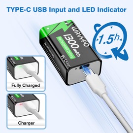 WAVYPO 1300mAh 4-Pack Rechargeable 9V Batteries,9 Volt Lithium-ion Batteries Long Lasting with 2-in-1 USB-C Fast Charging Cable, for Smoke Detector Alarms, Microphone, Toys, Walkie-Talkies