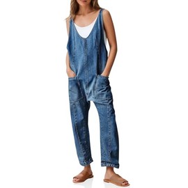 PLNOTME Women's Denim Overall Jumpsuits Sleeveless V Neck Adjustable Straps Jeans Long Pants Rompers