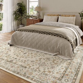 DEXI Living Room Area Rug 4x6,Washable Rugs Carpet,Non Slip Beige Brown Floral Boho Floor Mat for Bedroom Bedside Farmhouse