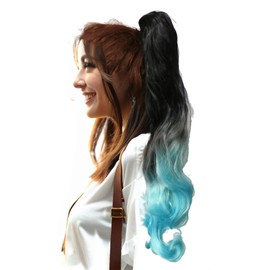 LEEWIN Drawstring Ponytail Curly Hair Ponytail Ombre Color Synthetic Hair Ponytail Extension for Women (24inch, T 1B/Light Blue)