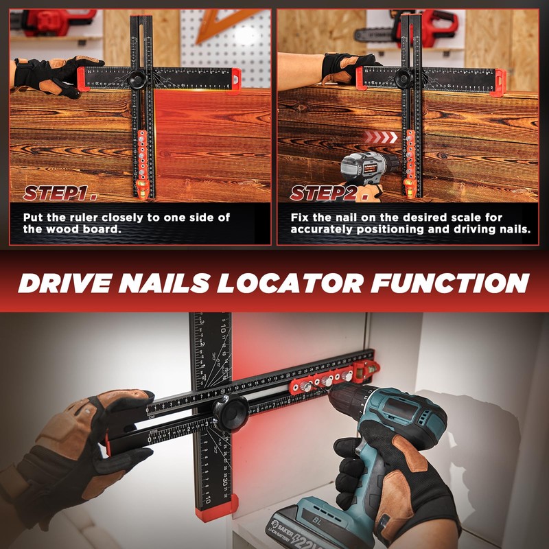 Saker 4-in-1 Drilling Positioning Ruler, Adjustable 13.78in Multifunctional T Square