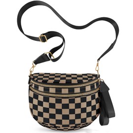 NEWROGENG Checkered Crossbody Bags for Women, Large Nylon Bum Bags Plus Size Fanny Pack Sling Bag Belt Bag for Women Travel, Khaki Black Checkered