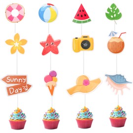 36 PCS Summer Fridays Cupcake Toppers, Cute Pool Party Beach Cupcake Toppers Watermelon Coconut Slippers Hawaiian Summer Topper for Birthday Wedding Pool Party Decorations Supplies