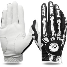 FINGER TEN Golf Gloves Men Left Hand Right Leather with Ball Marker Color Pack, Mens Golf Glove All Weather Grip, Fit Size Small Medium ML Large XL (Bones-1 Pack, Medium/Large, Right)