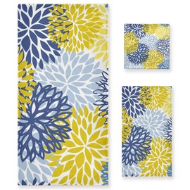 OTVEE Blue Yellow Navy Chrysanthemum Flowers Set of 3 Towels, 1 Bath Towel + 1 Hand Towel + 1 Washcloth for Kitchen Bathroom Decor