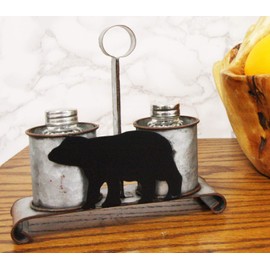 Ebros Gift 7" Tall Galvanized Metal Western Rustic Forest Black Bear Glass Salt Pepper Shakers Carrier Organizer Holder Old Fashioned Farm Ranch Kitchen Dining Decorative Centerpiece Figurine