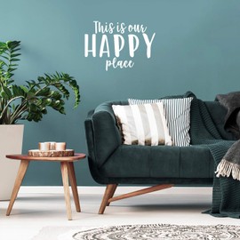 Vinyl Wall Art Decal - This is Our Happy Place - 15.5" x 22" - Modern Inspirational Cute Quote Sticker for Family Home Living Room Dining Room Couple Bedroom Playroom Entryway Decor (White)