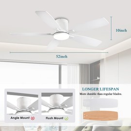 Ayaoty Ceiling Fans with Lights, 52 inch Low Profile Ceiling Fan with Light and Remote Control, Flush Mount, Reversible Motor, Dimmable, Noiseless, White Ceiling Fan for Bedroom, Indoor/Outdoor Use