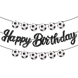 Soccer Sports Party Birthday Banner Set - 1pcs Glitter Black "Happy Birthday" Letters + 2pcs Soccer Pattern Bunting Garland - Football Themed Decor for Birthdays, Sports Parties & Family Celebrations