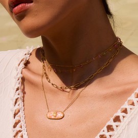 GIOXRNO ​​Seashell Inlay Necklace for Women Gold - Crushed Abalone Pendant in Turquoise/Rose/Amber, 18K Gold Plated Adjustable Chain, Ocean Jewelry​ (Rose(Pink))