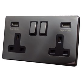 Discount Electrix USB 2 Gang Plug Socket Black Nickel Screwless Flat Plate Design with Black Insert