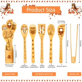 7 Pcs Owl Bamboo Cooking Spoons with Holder, Owl Kitchen Decor Owl Kitchen Gifts Owl Gift Cat Mom Gifts Owl Decor Owl Gifts for Owl Lovers, Women, Bamboo Cooking Housewarming Wedding Birthday