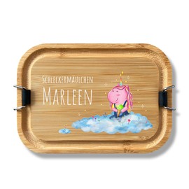 LOOXIS Personalisierte Edelstahl Lunchbox mit Holzdeckel für Kinder mit Namen & Motiv bedruckt – 800 ml, inkl Abtrennung, Auslaufsicher, Bento-Box – Geschenkidee Jungen, Mädchen, Einschulung – Einhorn