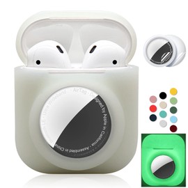Funda protectora de silicona 2 en 1 compatible con AirPod 1 y 2 y AirTag, funda protectora suave y completa con 2 protectores de pantalla de TPU, antiarañazos, antipérdidas (blanco)