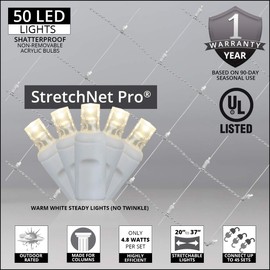 50 Warm White StretchNet Pro Expandable Christmas Column Lights, LED Column Wrap Lights - 20" x 45" Stretchable Net - White Wire Outdoor Christmas Lights