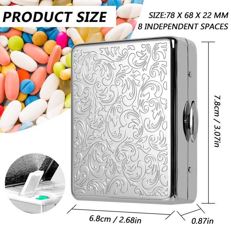 Pill Organizer 7 Days 8 Compartments, Travel Metal Pill Box,